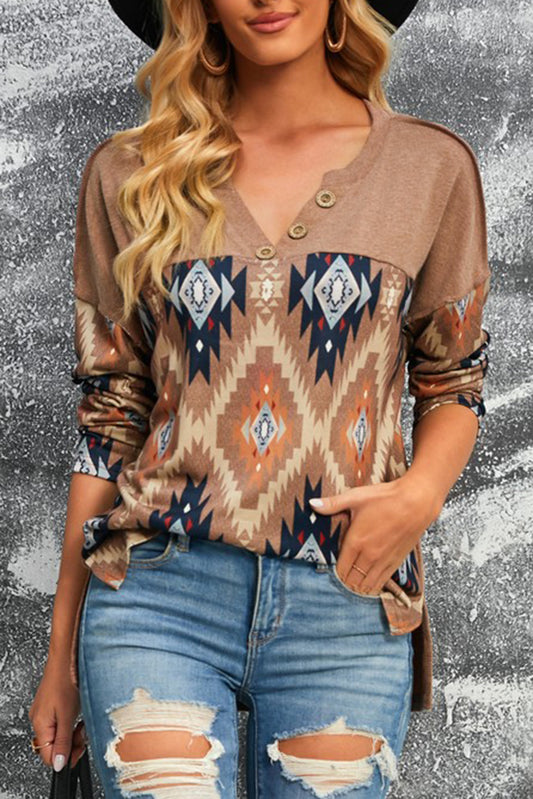 Western Aztec Print Buttoned V Neck Top