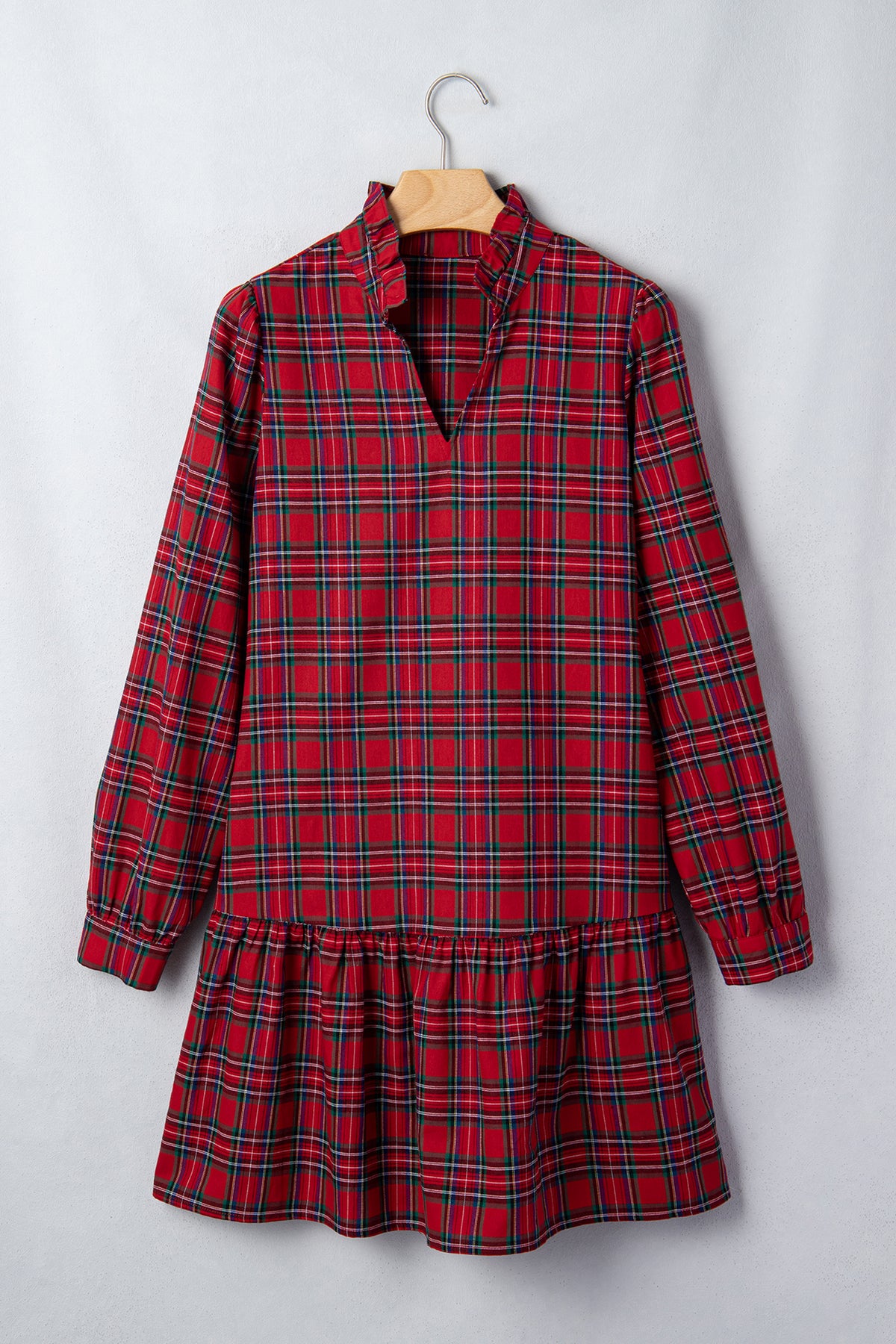 Red Plaid Long Sleeve Mini Shift Silhouette Decoration Dress