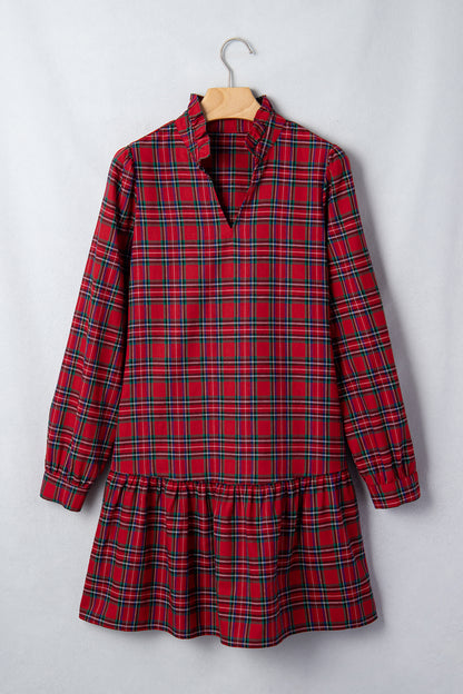 Red Plaid Long Sleeve Mini Shift Silhouette Decoration Dress
