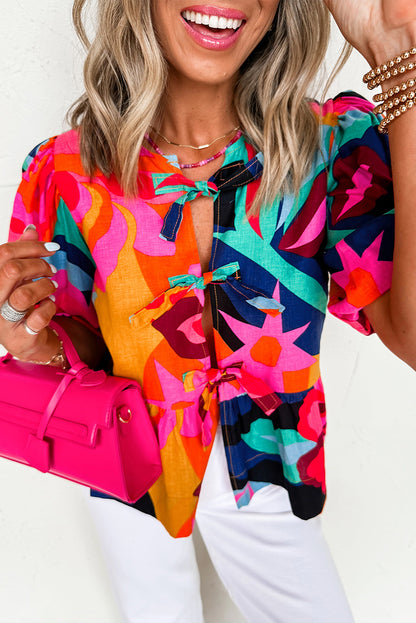 Red Abstract Floral Print Front Tied Puff Sleeve Babydoll Blouse