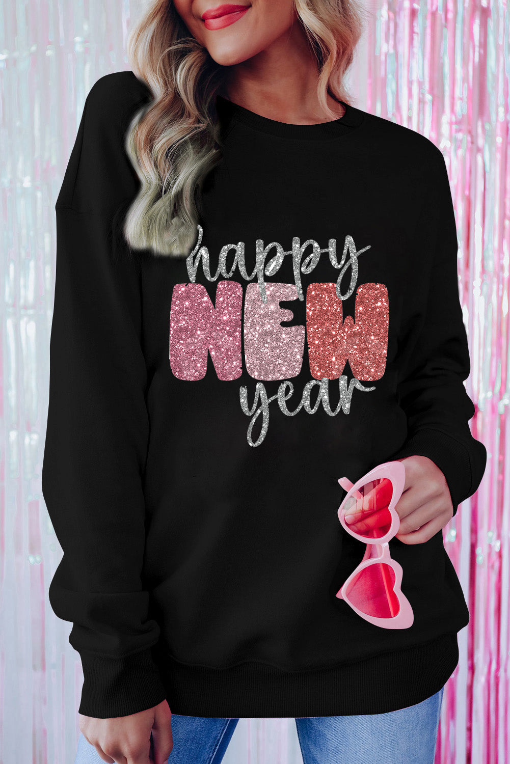 Sweat-shirt graphique noir scintillant « Bonne année »