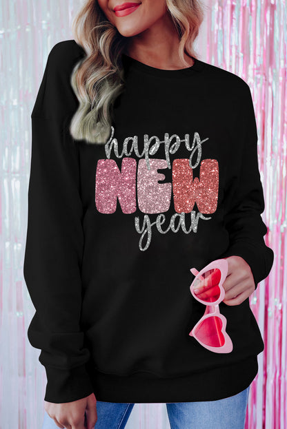 Sweat-shirt graphique noir scintillant « Bonne année »