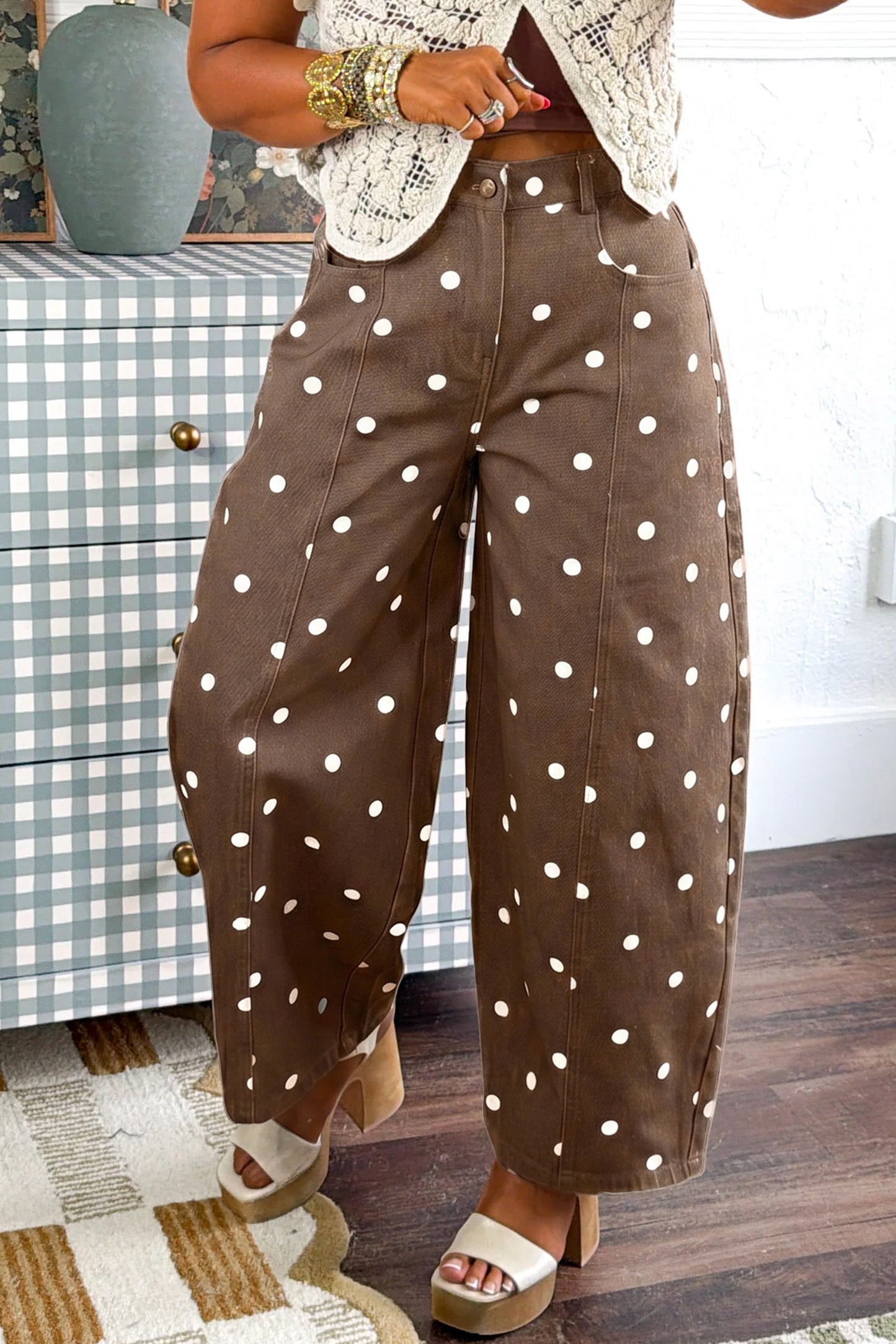 Pink Tailored Seam Polka Dot Print Ankle Length Casual Jeans