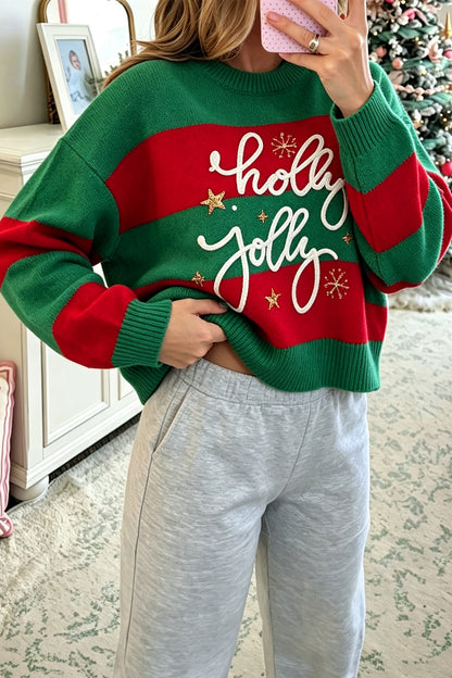 Green Stripe Festive Holly Jolly Sequin Christmas Holiday Sweater