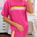 Rose Red Vibrant Striped Detail Athleisure 2pcs Short Set