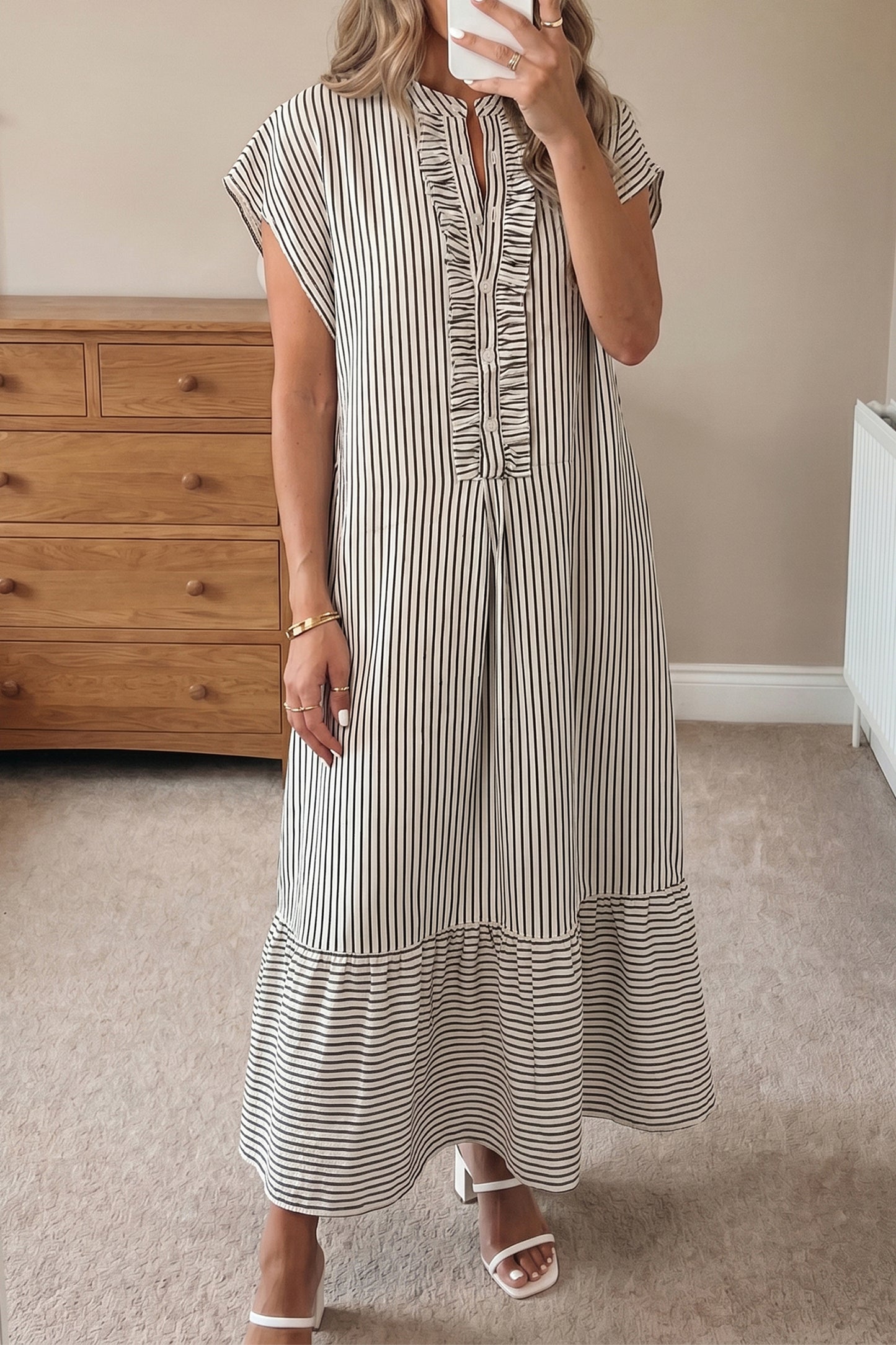 Black Stripe Frilled Detail Half Buttons Short Sleeve Long Dress