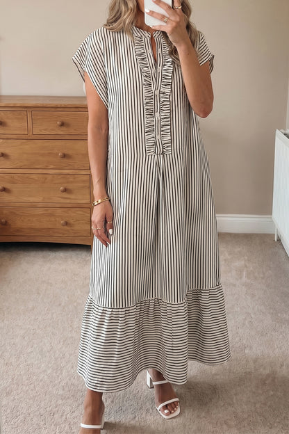 Black Stripe Frilled Detail Half Buttons Short Sleeve Long Dress