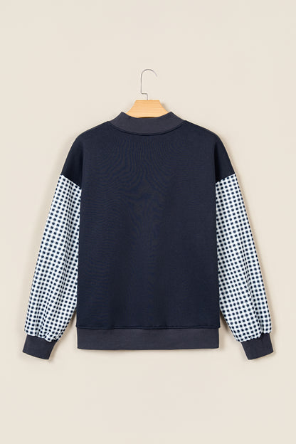 Navy Blue Plaid Sleeve Colorblock Loose Tunic Sweatshirt