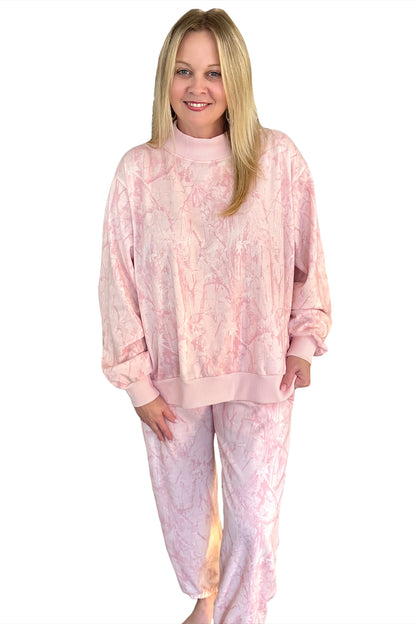 Pink Camouflage Print Stand Neck Long Sleeve Regular Fit Plus Size Set