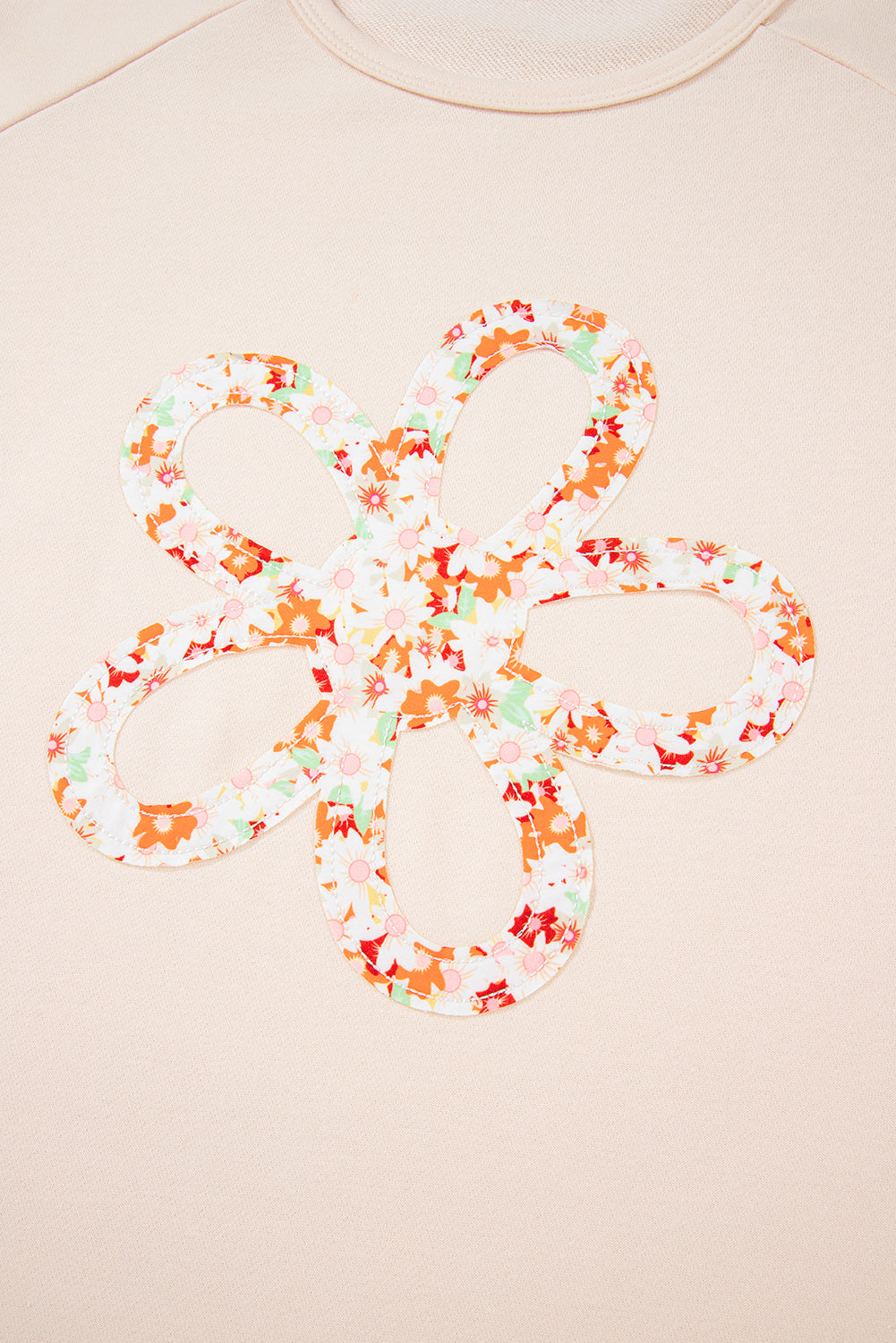 Beige Plus Size Flower Patched Side Slits Crewneck Top