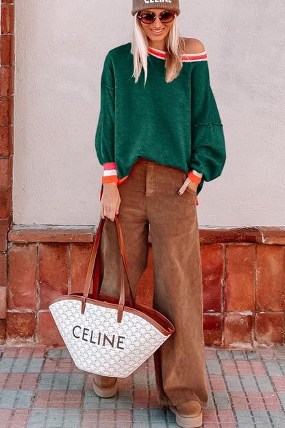 Pull à épaules tombantes et bordure rayée vert noirâtre