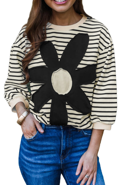 Black white Striped Big Flower Patched 3/4 Sleeve Top