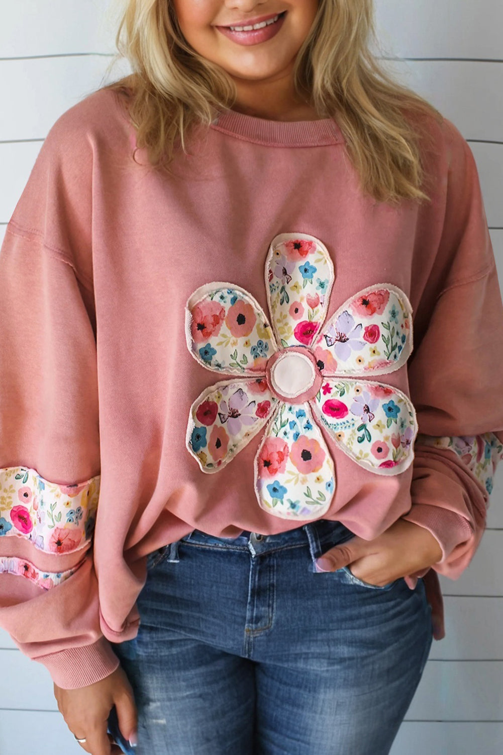 Peach Blossom Plus Size Floral Applique Drop Shoulder Sweatshirt