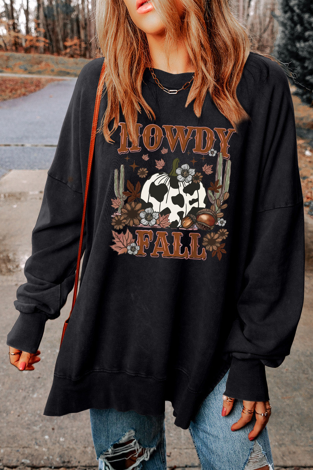 Sweat-shirt noir à ourlet fendu et imprimé citrouille HOWDY FALL