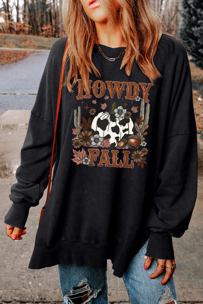 Sweat-shirt noir à ourlet fendu et imprimé citrouille HOWDY FALL