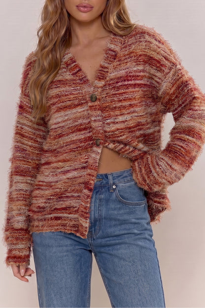 Tawny Fuzzy Striped Button Front Cardigan Sweater