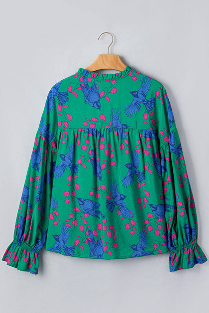 Green Abstract Print V Neck Flounced Puff Sleeve Blouse