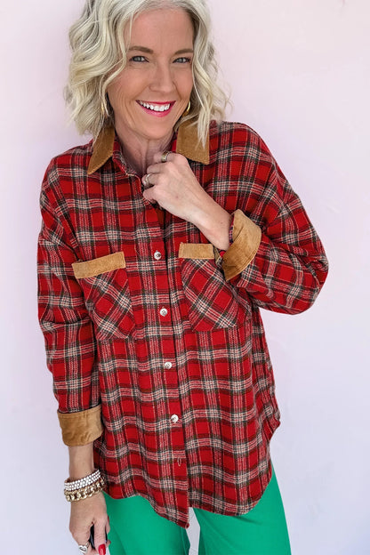 Red Casual Plaid Color Block Collared Button Shacket