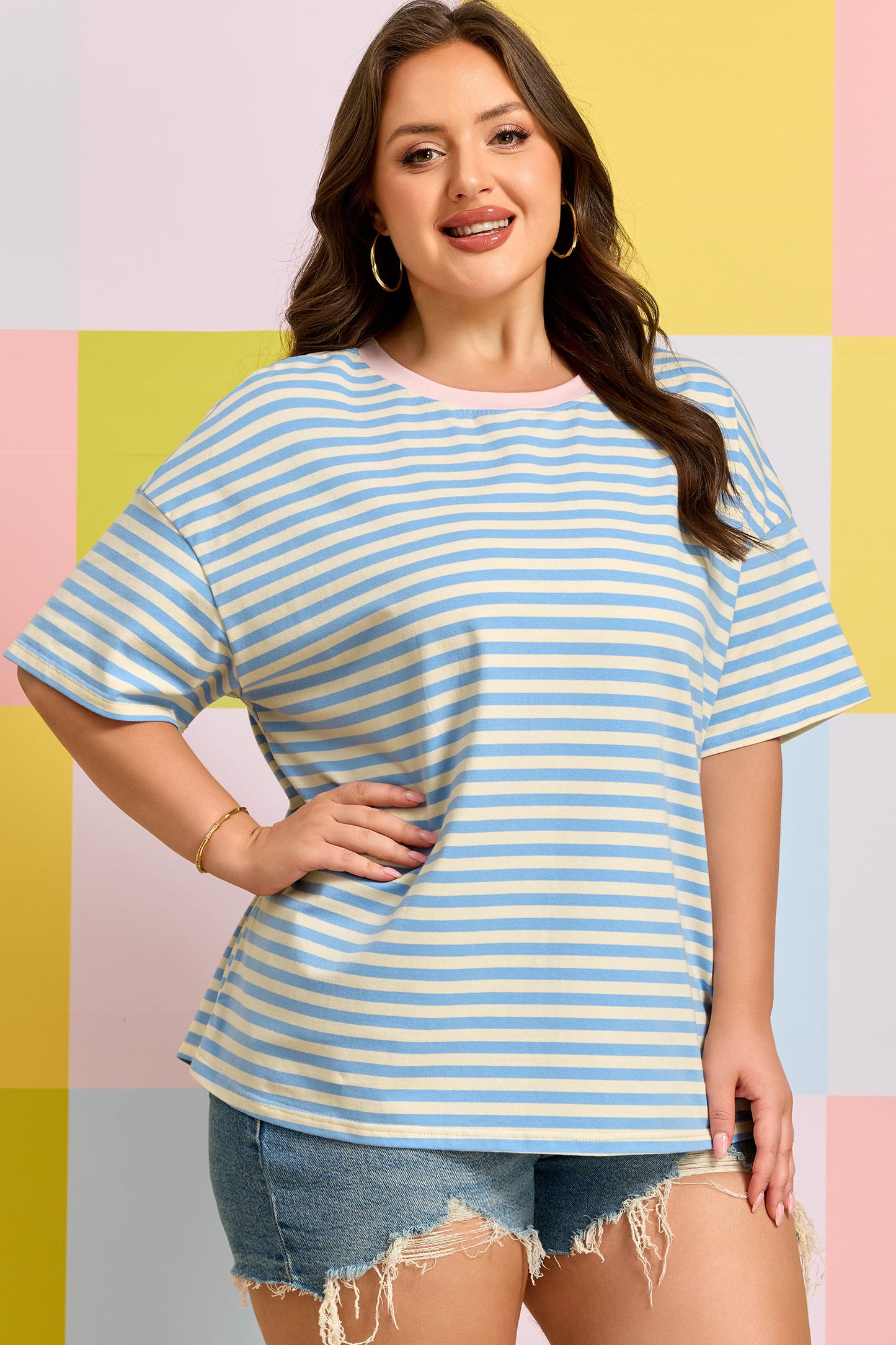 Sky Blue Stripe Plus Size Drop Shoulder Contrast Trim Round Neck Tee