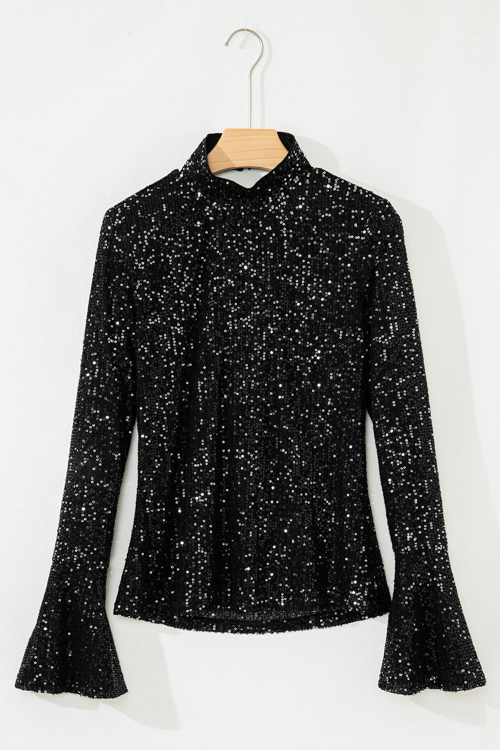 Black Sequin Mock Neck Drape Open Back Bell Sleeve Top