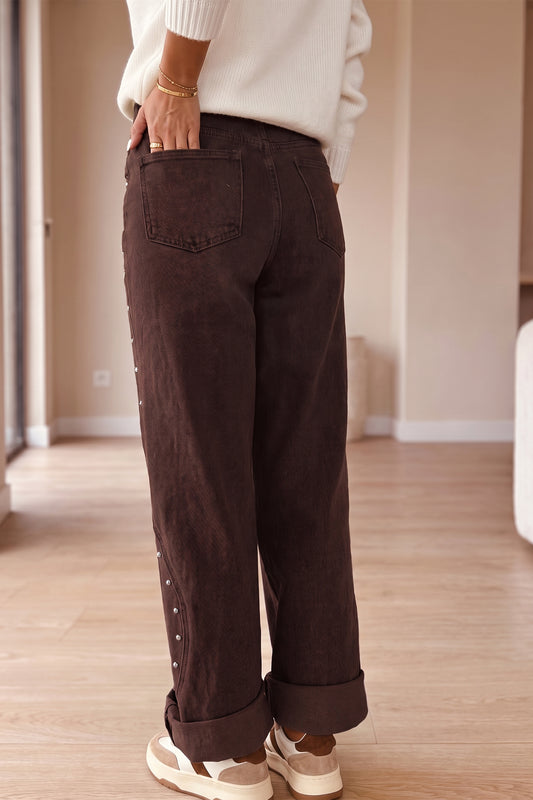 Coffee Side Seam Rivet Detail Ankle Length Casual Jeans
