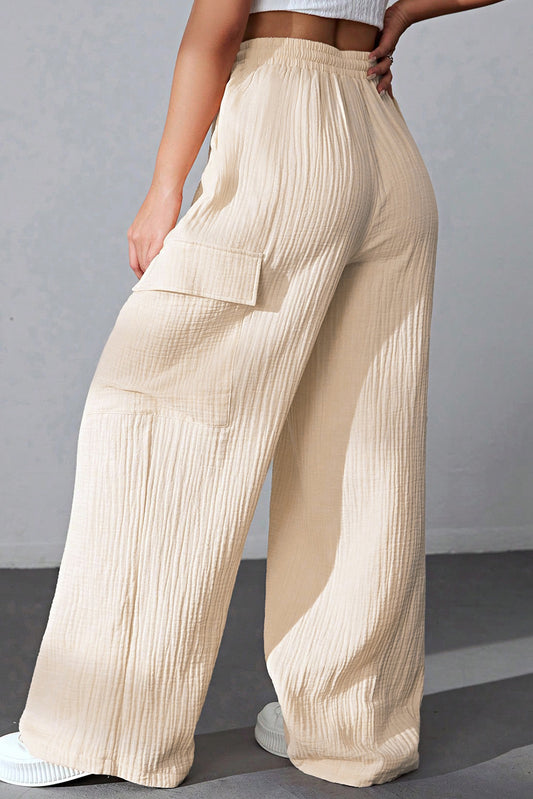 Pantalones cargo arrugados de cintura alta con cordón suelto color albaricoque 