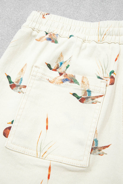 Beige Wild Duck Mallard Printed Drawstring Denim Shorts