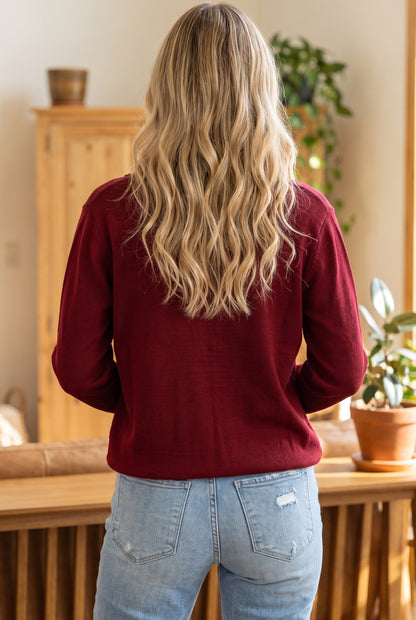 Burgundy Bow Pocket Collar Long Sleeve Knit Cardigan