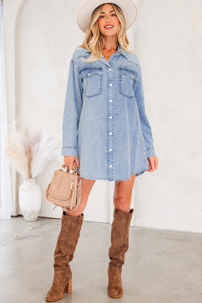 Beau Blue Chest Pocket Raw Hem Denim Loose Shirt Dress