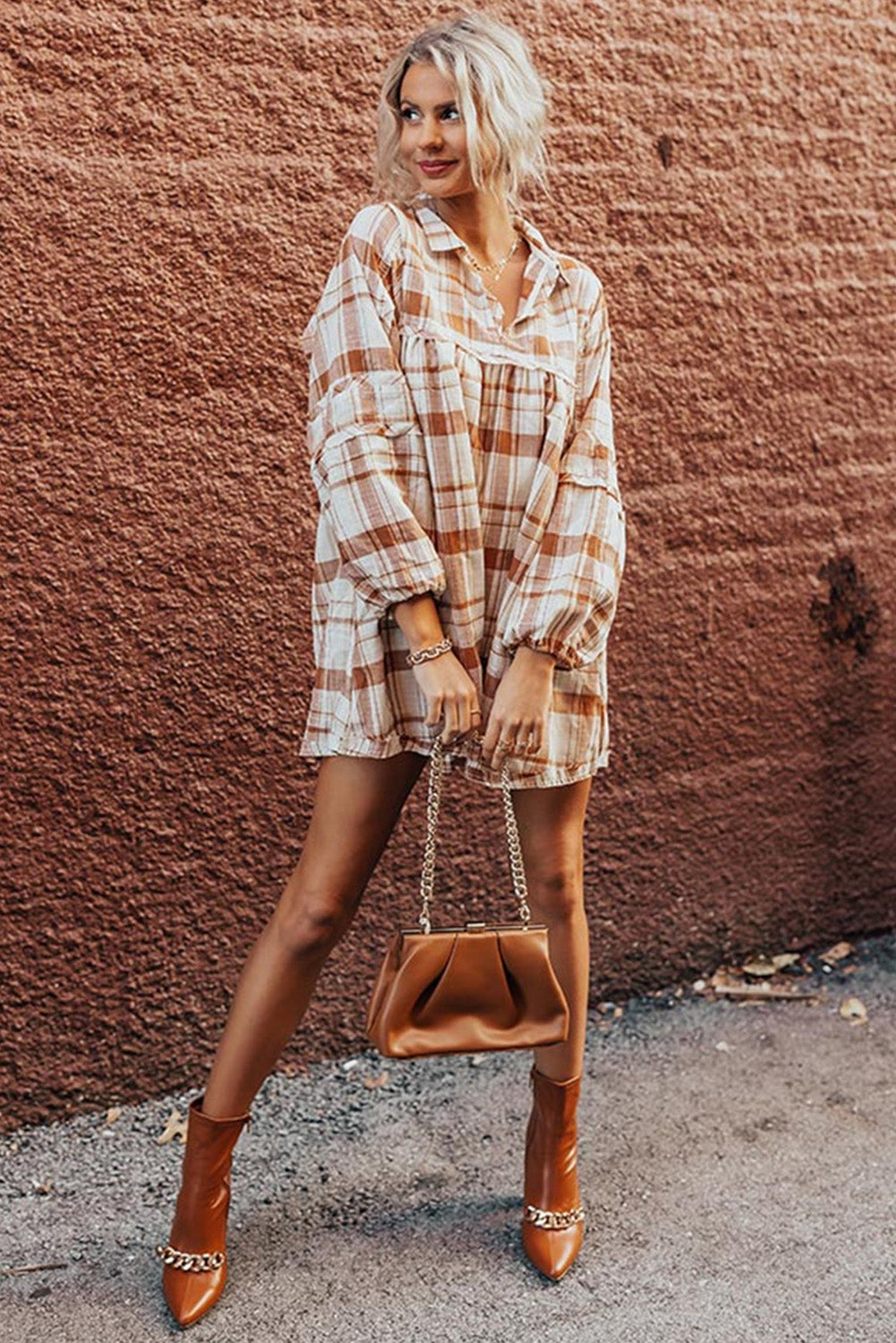 Brown Plaid Print Side Pockets Frilled Babydoll Mini Dress Brown / XL / 100%Cotton Brown Plaid Print Side Pockets Frilled Babydoll Mini Dress Brown / XL / 100%Cotton