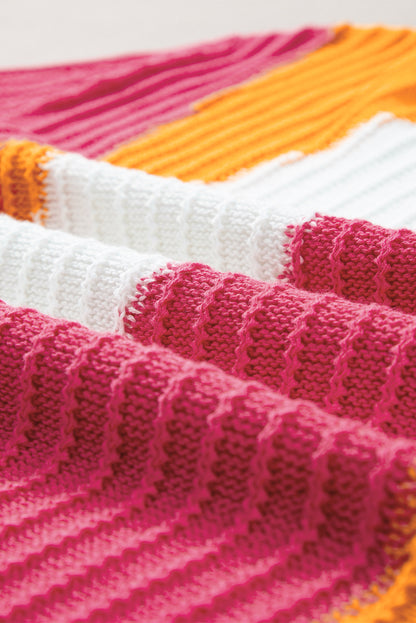 Pull à manches courtes en tricot texturé orange à blocs de couleurs