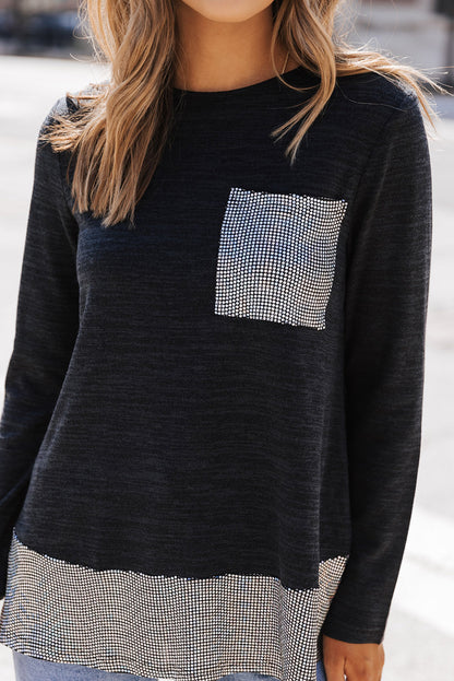 Top con dobladillo con volante y bolsillo de parche de lentejuelas