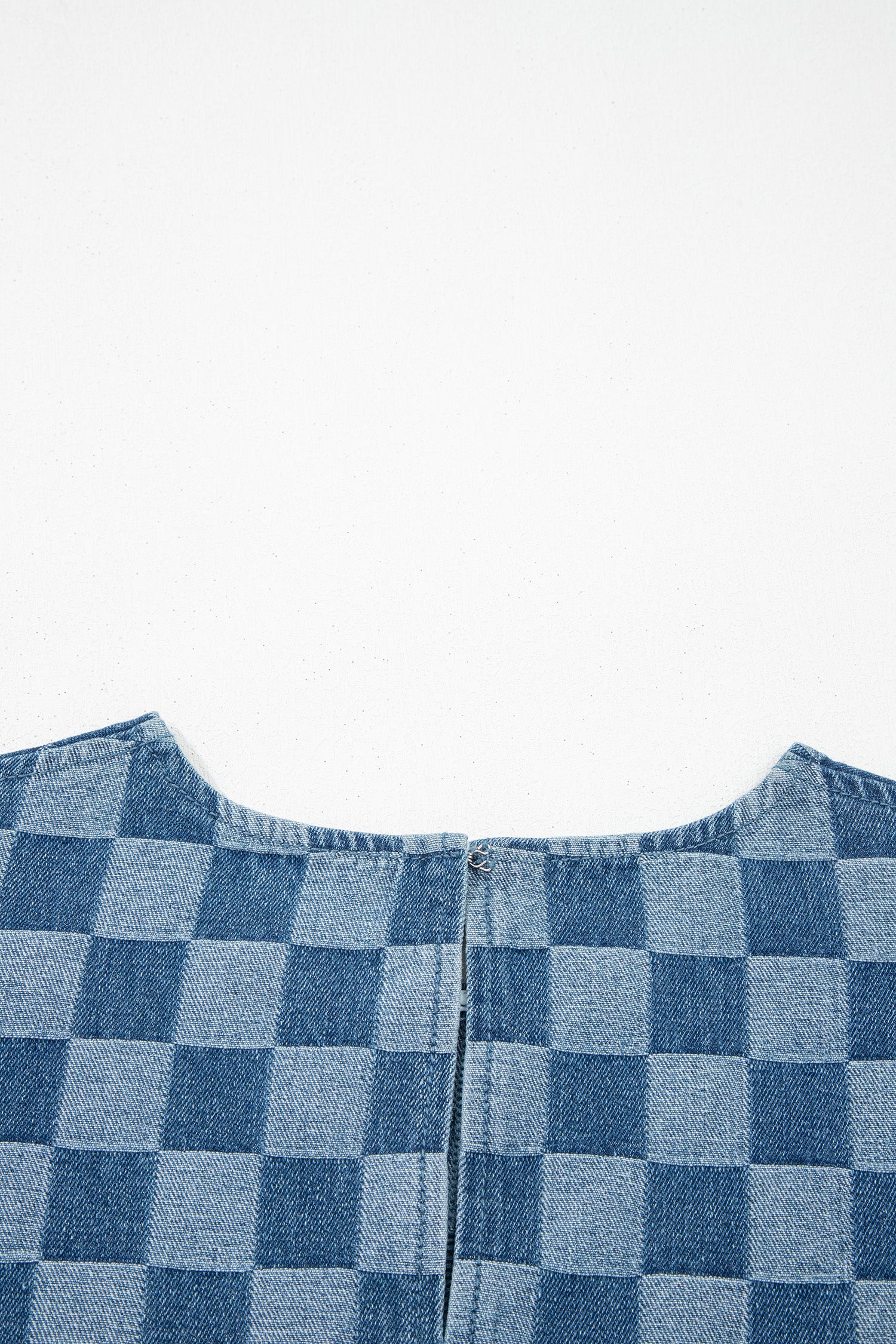 Sky Blue Frayed Hem Checkered Denim Mini Dress