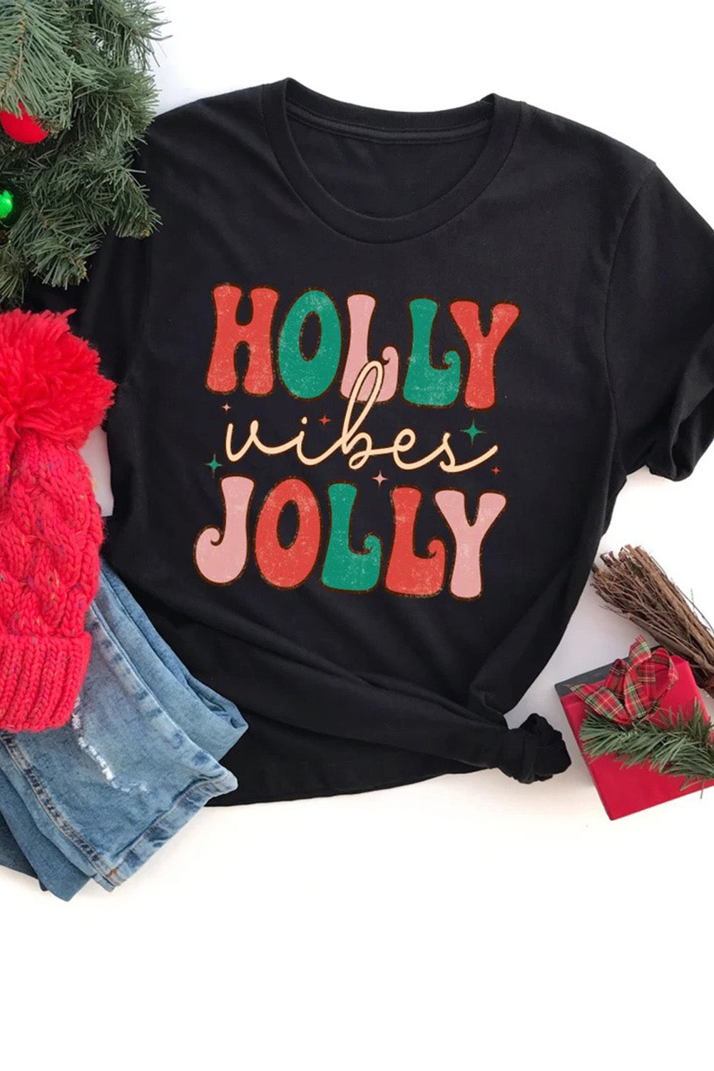 Camiseta negra con cuello redondo HOLLY JOLLY Vibes Christmas