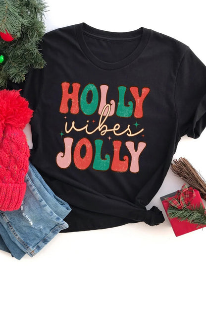 Camiseta negra con cuello redondo HOLLY JOLLY Vibes Christmas