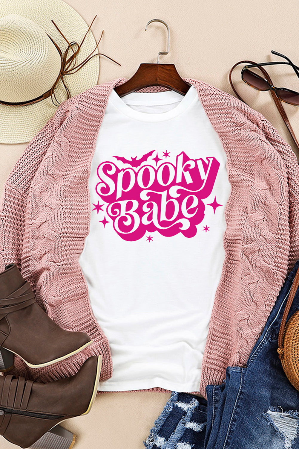 T-shirt ras du cou blanc à imprimé chauve-souris Spooky Babe pour Halloween 