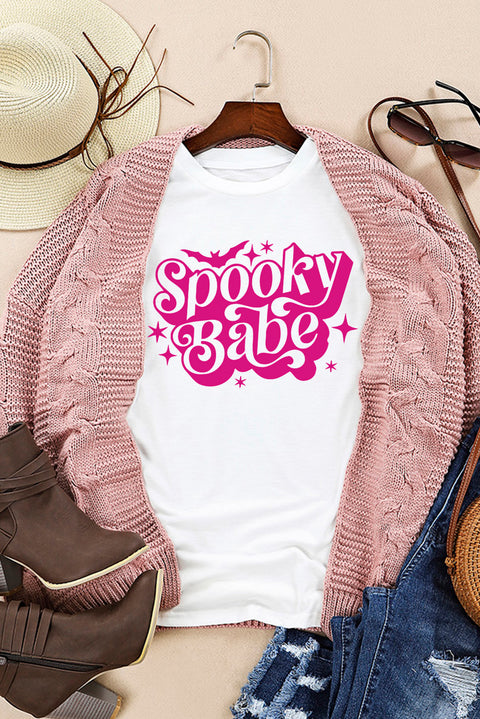 Camiseta blanca con cuello redondo y estampado de murciélago Spooky Babe de Halloween 