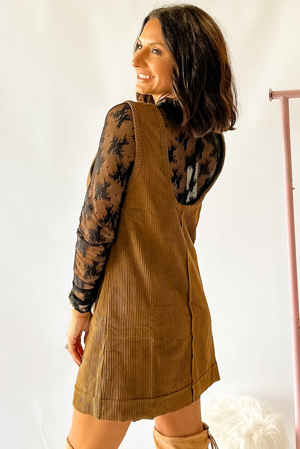 Beige Corduroy Sleeveless Mini Dress With Patched Pockets