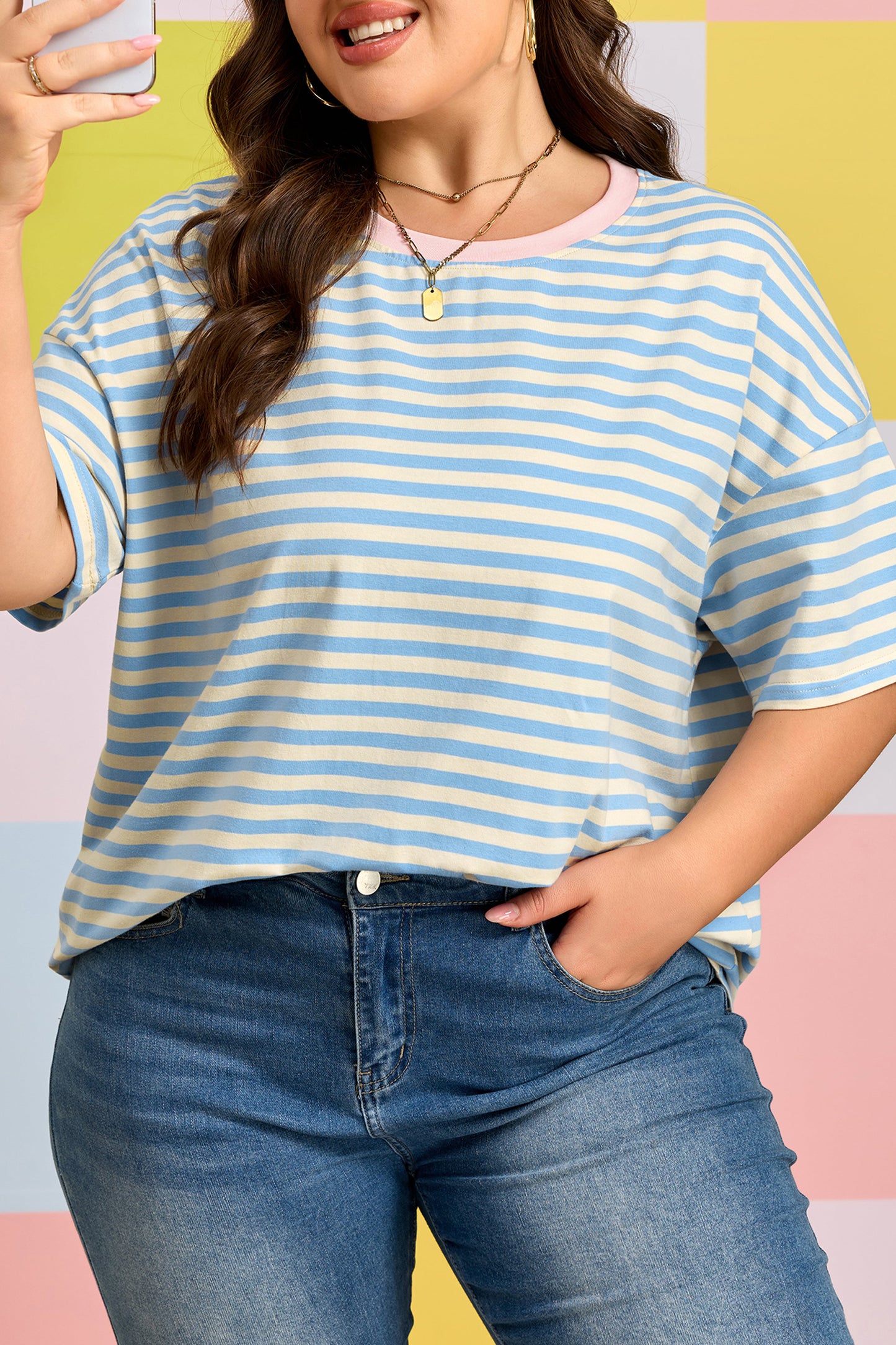 Sky Blue Stripe Plus Size Drop Shoulder Contrast Trim Round Neck Tee