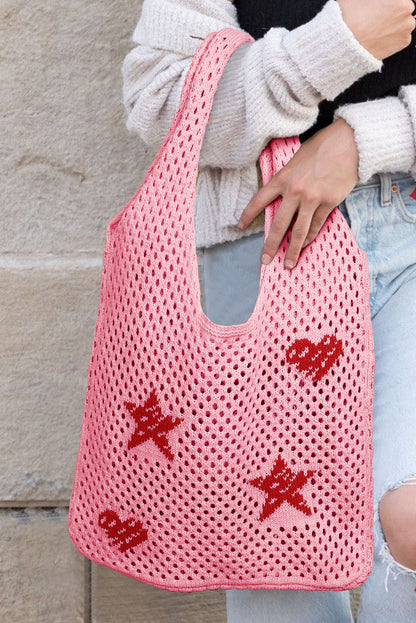 Bolso de hombro de punto ahuecado con estampado de corazón y estrella marrón
