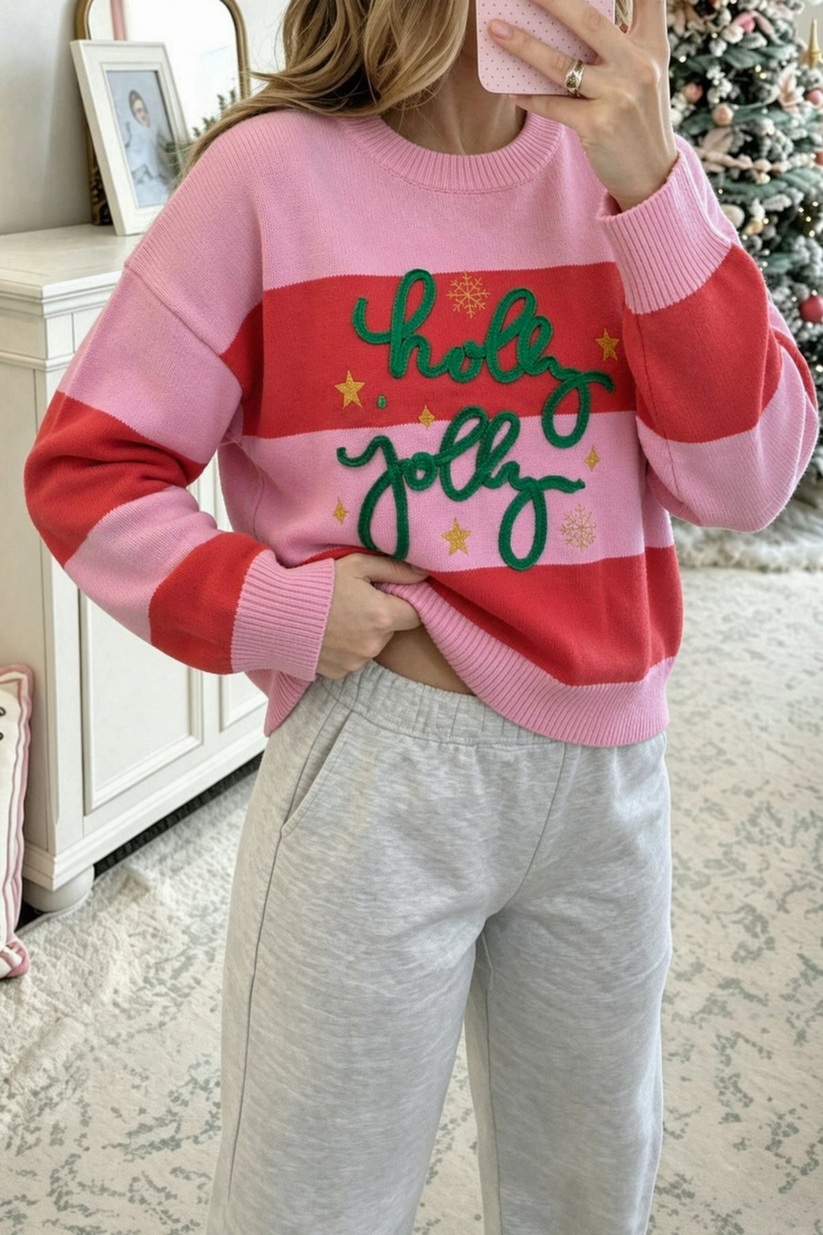 Pink Stripe Festive Holly Jolly Sequin Christmas Holiday Sweater