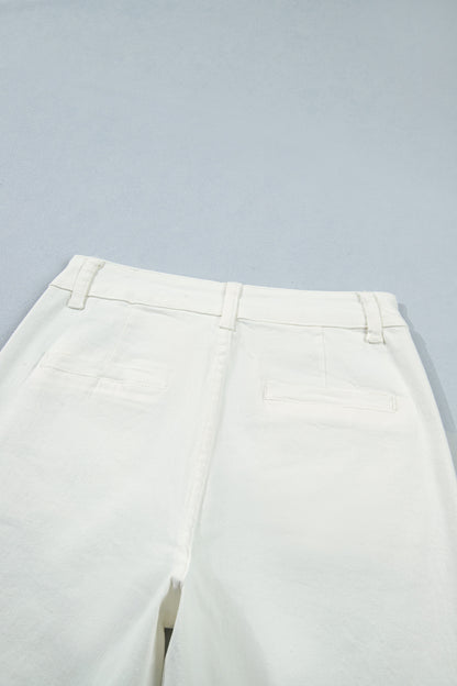White Solid Color Scalloped Patch Pocket Shift Jeans