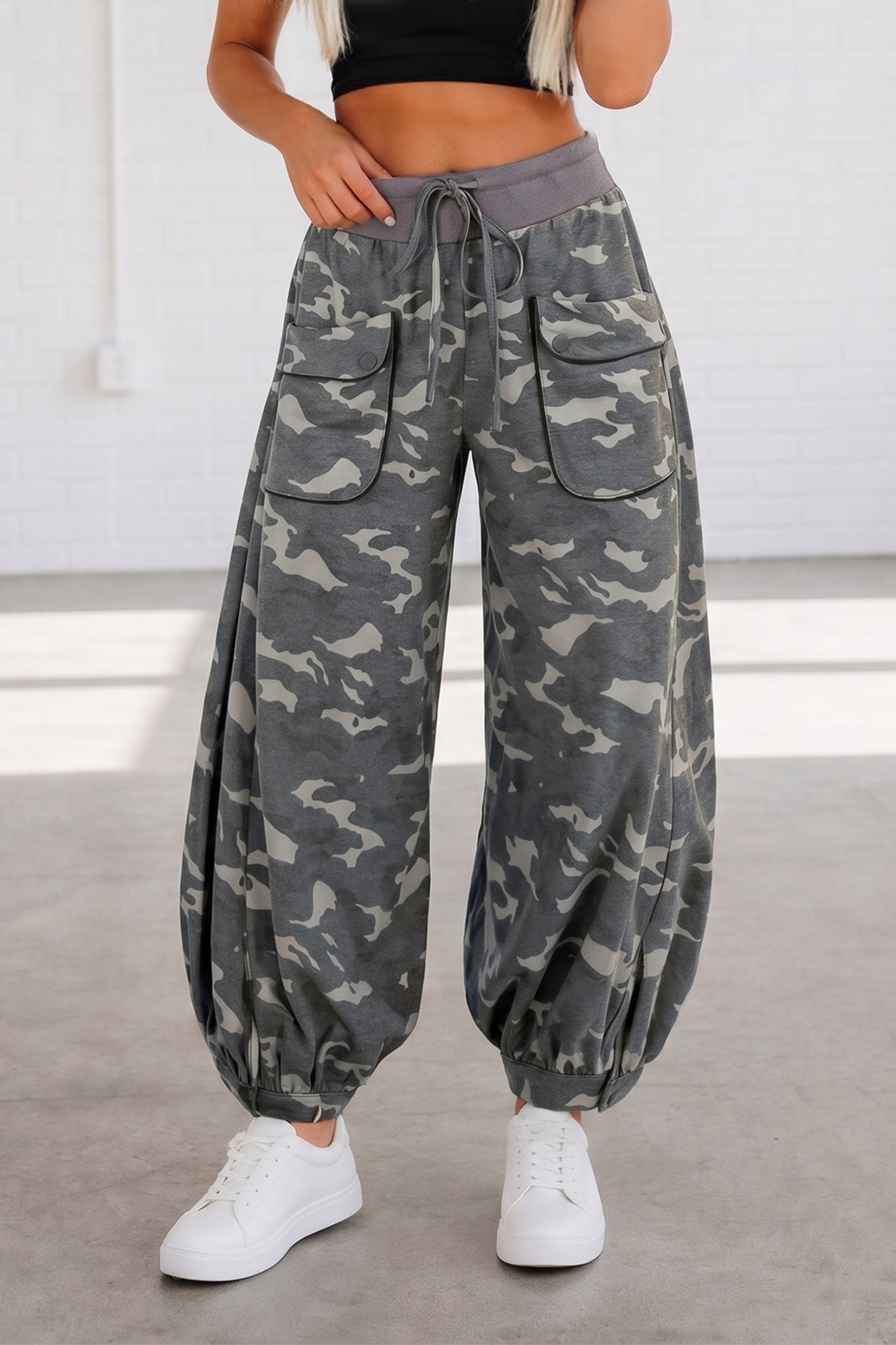 Multicolour Drawstring Contrast Waistband Camouflage Joggers Pants