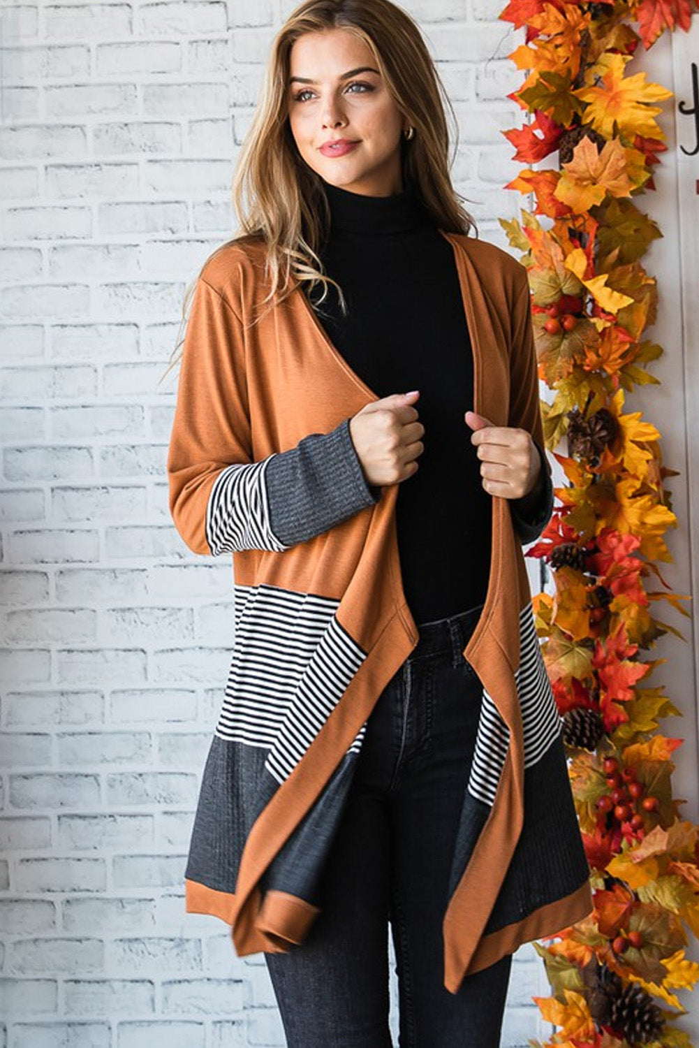 Cardigan ouvert patchwork rayé colorblock orange