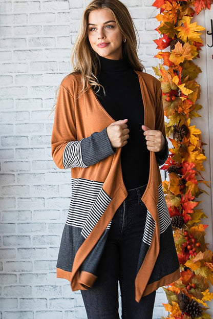 Cardigan ouvert patchwork rayé colorblock orange