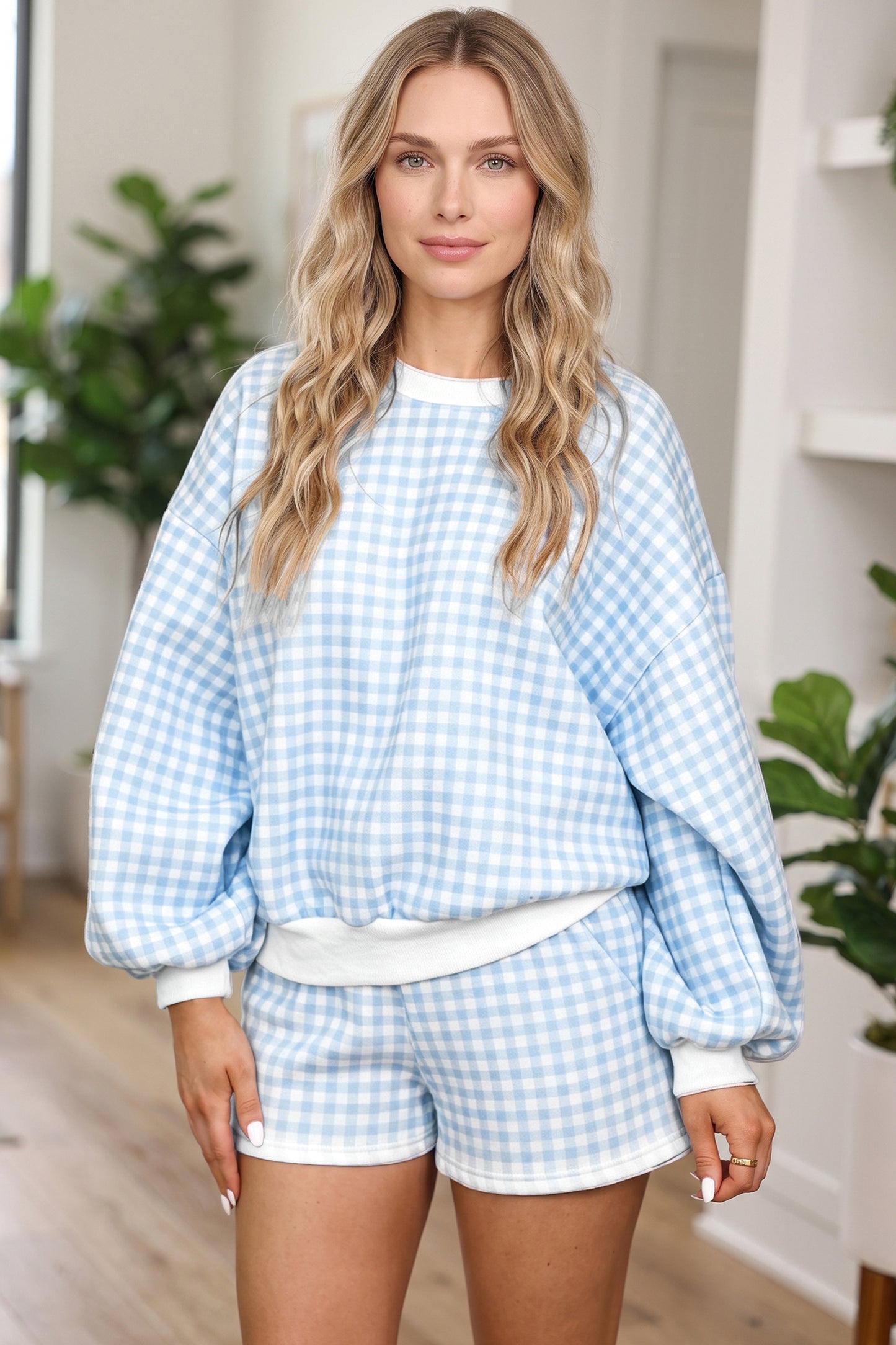 Sky Blue Plaid Baggy Pullover Drawstring Casual Shorts 2pcs Outfit