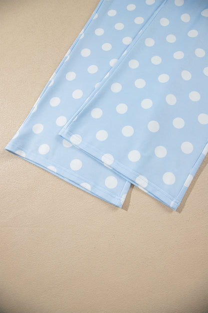 Sky Blue Polka Dot Contrast Trim Long Sleeve Top Drawstring Shift Pants Set