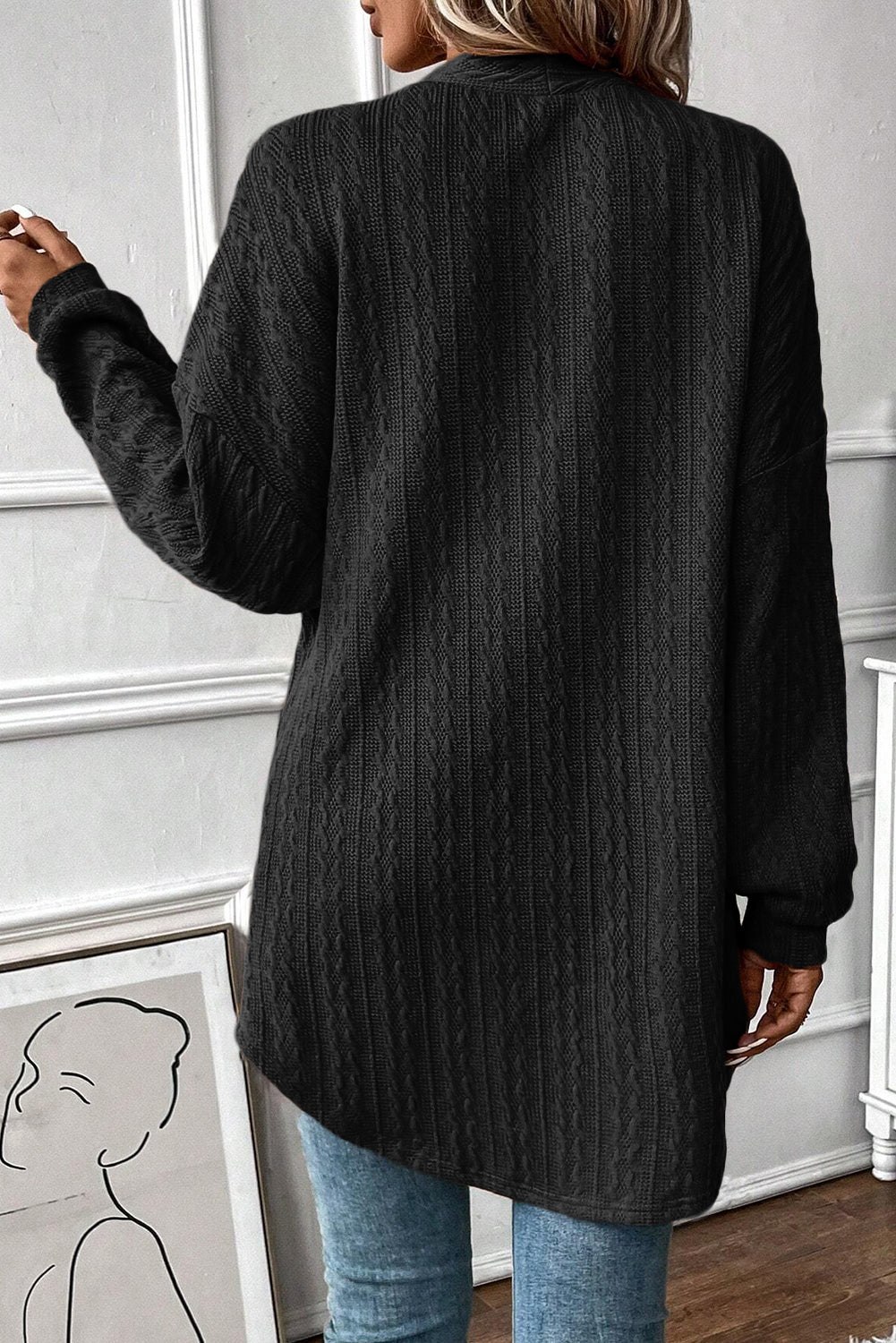 Cardigan ouvert sur le devant en tricot texturé noir avec poches latérales
