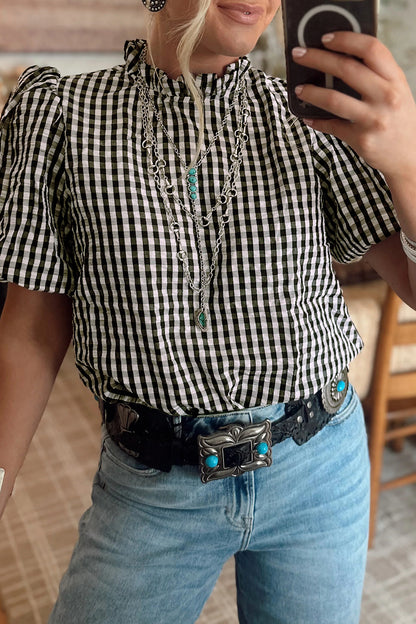 Black Plaid Short Puff Sleeve Frilled Neck Blouse