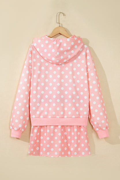 Pink Polka Dot Hooded Long Sleeve Top Casual Mini Skort Set